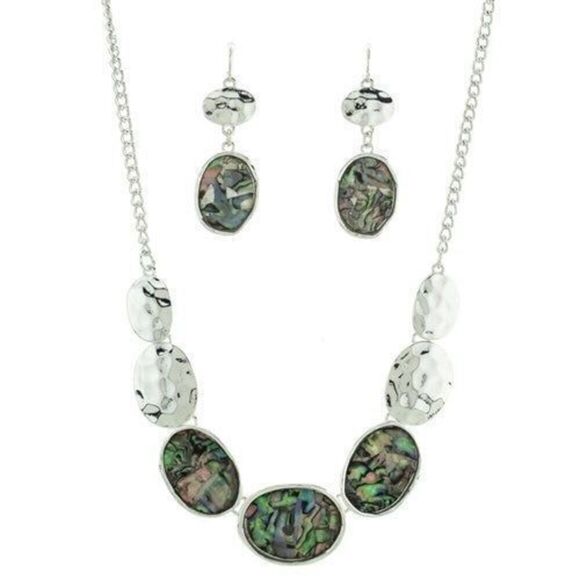 Silver Oval Abalone Gemstone Necklace & Earring Set - Picture 1 of 2